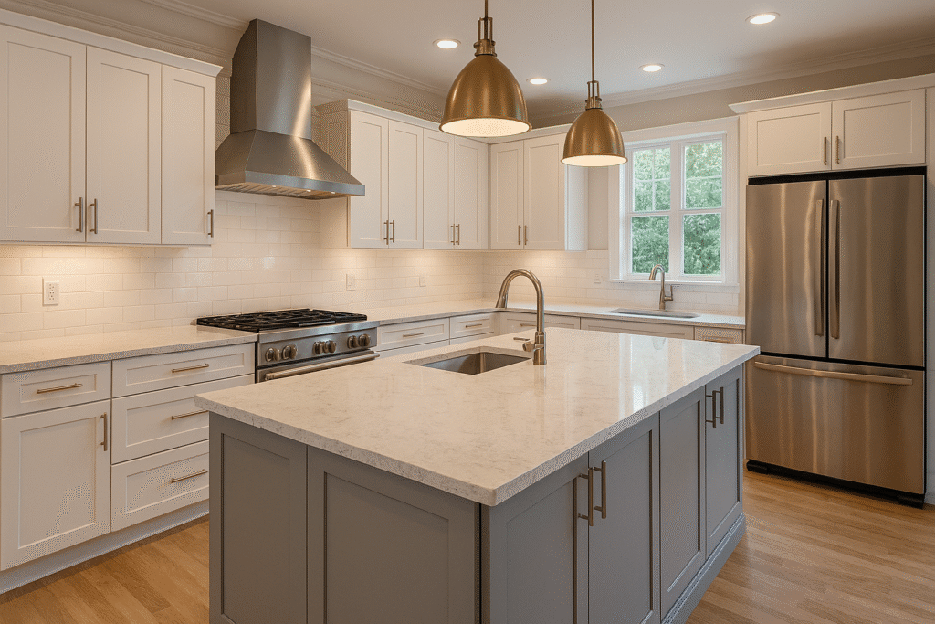 a beautiful modern kitchen in hope mills with new quartz countertops by Fayetteville granite company in fayetteville